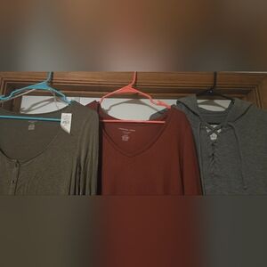 Trio of Long Sleeve Tops - Olive, Rust, and Gray Hollister And American Eagle